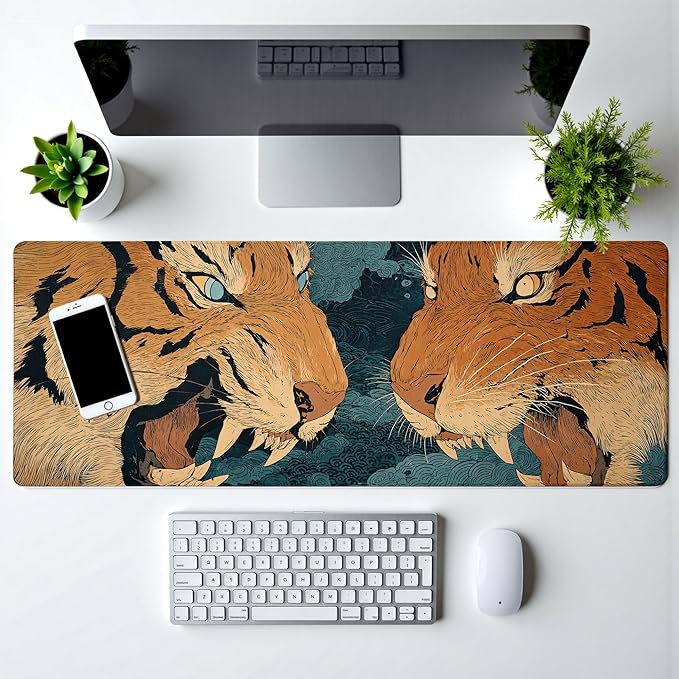Tiger Gaming Mouse Pad Abstract Yellow Mouse Pad 31.5x11.8 Inch Fierce Claws and Teeth Non-Slip Rubber Base Large Mousepad Stitched Edges Keyboard Mouse Mat Desk Pad for Office and Home
