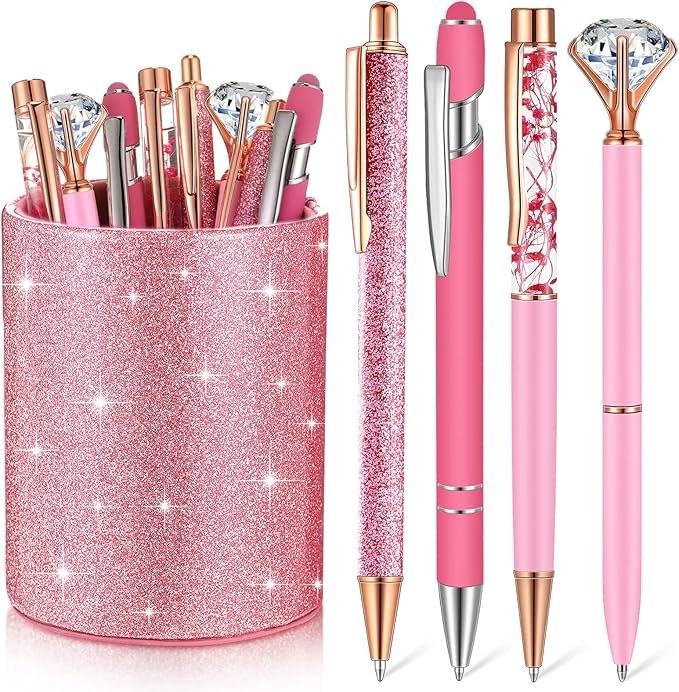 Sabary 8 Pcs Pink Pens with Pen Holder for Desk Glitter Crystal Diamond Cute Ballpoint Fancy Pencil Holder Bling Desk Organizer for Women Girls Gifts School Office Valentine Supplies
