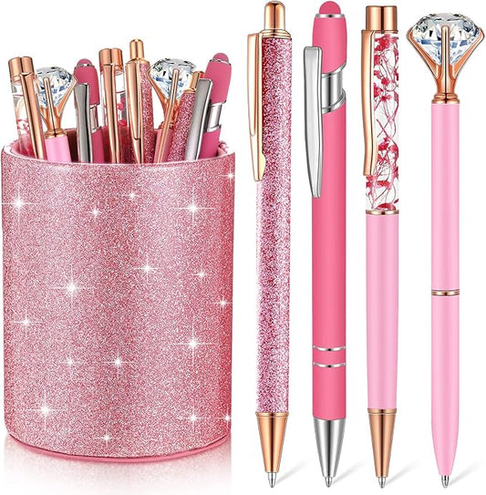 Sabary 8 Pcs Pink Pens with Pen Holder for Desk Glitter Crystal Diamond Cute Ballpoint Fancy Pencil Holder Bling Desk Organizer for Women Girls Gifts School Office Valentine Supplies