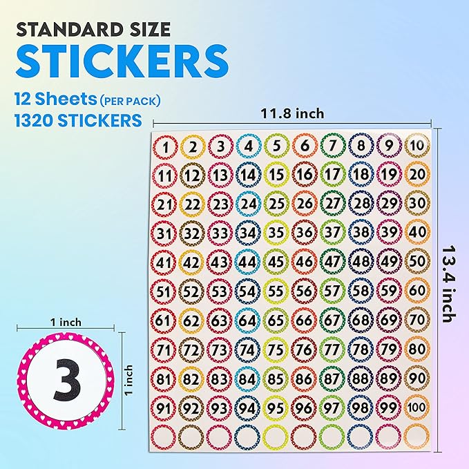1320 Number Stickers (1 Inch, Round, Multicolor) – 12 Sheets of 1–100 Vinyl Labels – Inventory Stickers for Storage, Organizing, Classroom, Toolbox, Locker, Indoor/Outdoor Use