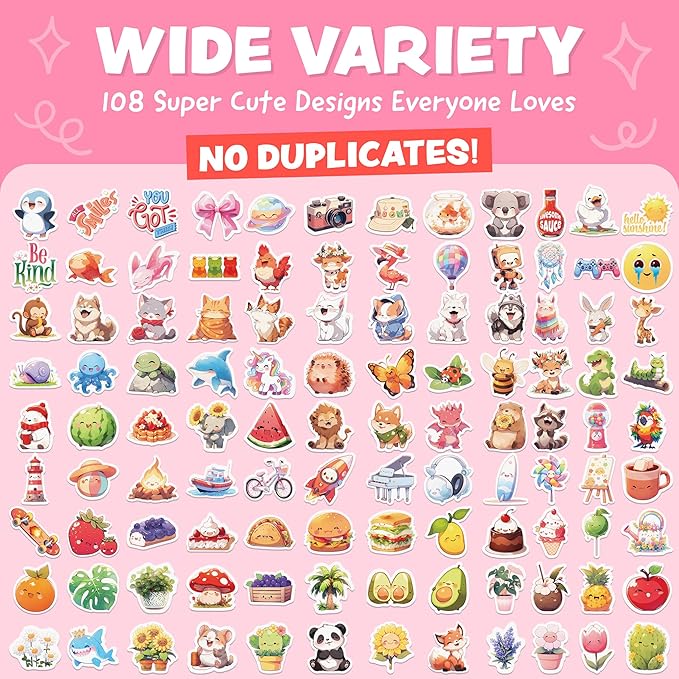 Cute Stickers for Kids - Kawaii Water Bottle Stickers for Teens - 108pc Sticker Pack - Waterproof Vinyl Stickers for Water Bottles, Scrapbook, Laptops - Valentine Stickers for Kids Classroom, Gifts
