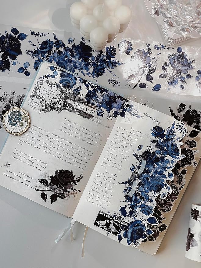 WT Cobalt Blue Wide PET Tape, Single Roll, Original Designs, Floral Decors, Transparent Clear Adhesive, Junk Journal Scrapbook Bujo Planner DIY Craft Supplies Gifts, Watercolor Flower