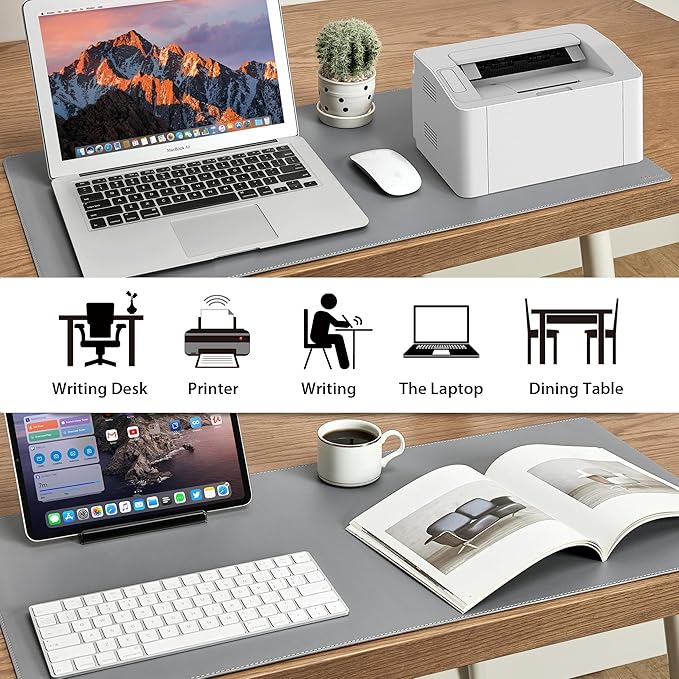 Large Leather Mouse Pad for Desk, 30.3" x 14.4" Desk Mat, Non-Slip Pu Leather Office Home Desk Mat, Waterproof Desk Pad for Keyboard and Mouse, Laptop, Writing, Desk Accessories (Light Grey)