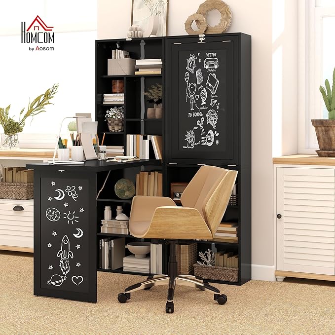 HOMCOM Fold-Out Convertible Writing Table, Computer Desk with Blackboard and Side Shelf Multi-Function Home Office Workstation, Black