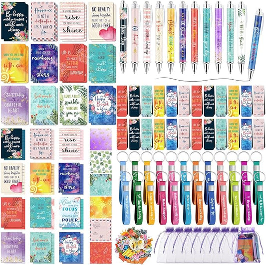 Pasimy 218 Pcs Inspirational Stationery Gifts Motivational Mini Notepad Pen Quote Bookmarks Stress Relief Stickers Inspiring Silicone Keychains for Home Office Appreciation Gift(Plant)