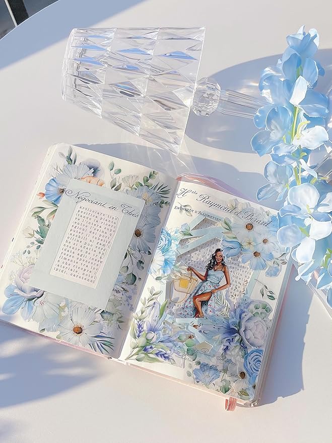 WT Serene Wide PET Tape, Single Roll, Original Designs, Watercolor Blue Flower Decorative Tape, Transparent Clear Adhesive Tape, Journal Scrapbook Bujo Planner DIY Craft Supplies