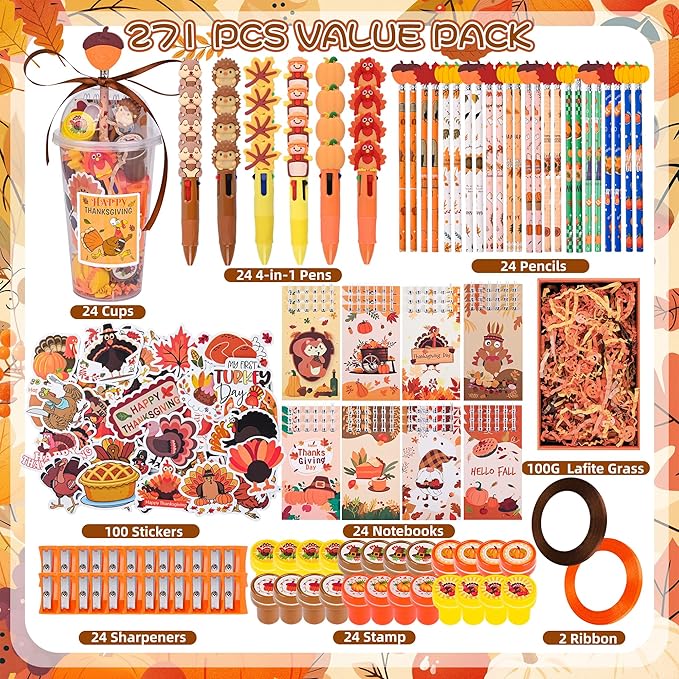 LiYiQ 247 Pcs Thanksgiving Party Favors Return Gifts for Party, Student Stationery Gifts from Teacher, Pencil Erasers Notebooks Stickers for Classroom Birthday Goodie Bags Rewards Prizes