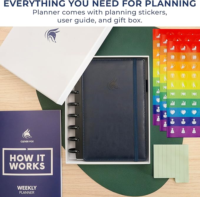 Clever Fox Disc-Bound Weekly Planner – Undated Monthly Notebook with Habit Tracker, Productivity Journal – Life, Work & Goal Organizer, 6.5 x 8.4" (Dark Blue)