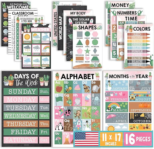 Hadley Designs 16 Educational Posters for Classroom Decor - Learning Posters for Toddlers 1-3, Alphabet for Classroom Wall, Daycare Essentials, Homeschool Posters Preschool, Cactus Playroom Decor