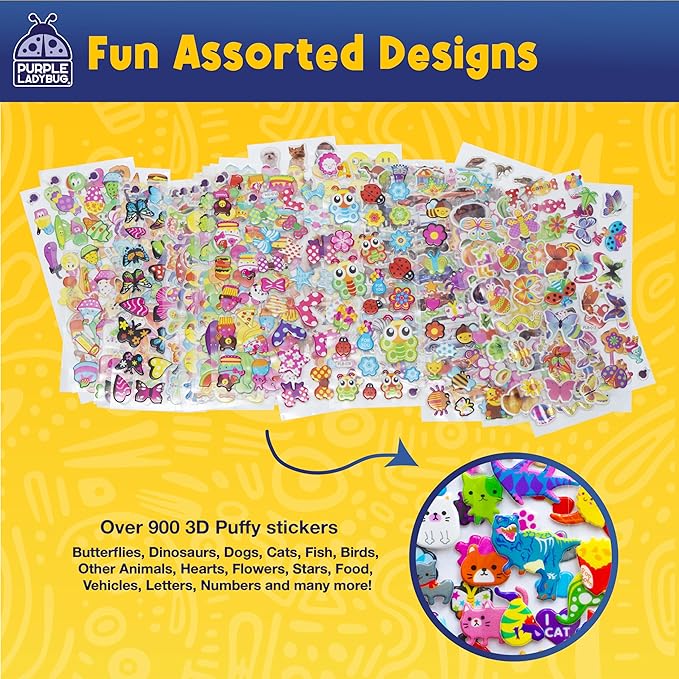 Purple Ladybug 3D Puffy Stickers for Kids - 40 Sheets, 950+ Foam Stickers for Toddler Girls & Boys, Classroom & Teachers Must Haves, Boredom Buster - Back to School Gift for Kindergarten Girls & Boys