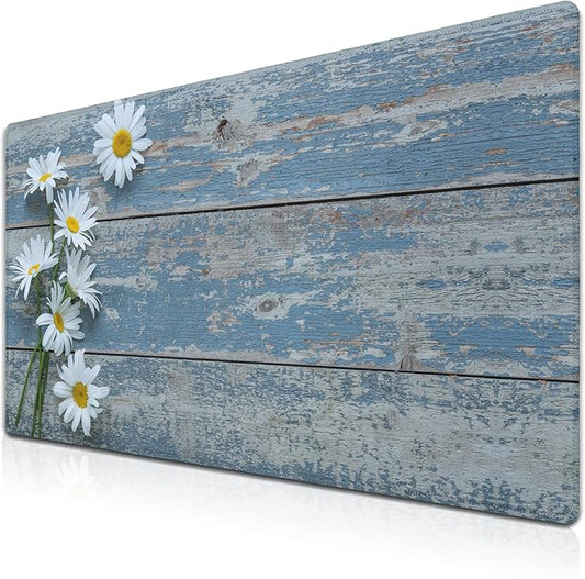 Computer Desk Mat Mouse Pad, Big Non-Slip Rubber Base Mousepad for PC, Work, Game, Office, Home - 35.4 X 15.7 Inch - Daisy Flowers on Old Wooden