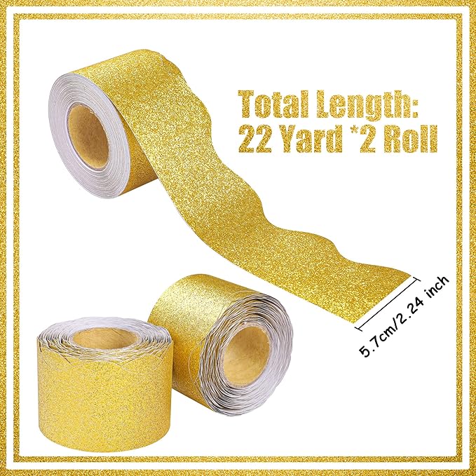 131 Ft Gold Glitter Bulletin Board Borders Gold Scalloped Bulletin Board Trims Shiny Decorative Border Trims Sparkle Self-Adhesive Border Stickers for Classroom School Home Office Blackboard Desk
