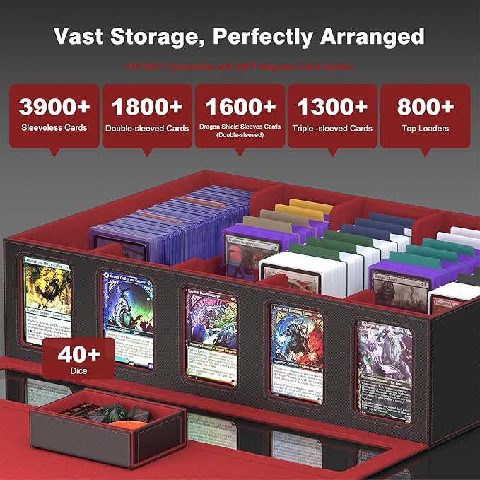 Kabinka Trading Card Storage Box with Handle & Mechanical Latch,5-Row 3900+ Commander MTG Card Case with Sealed Display Window,Top loaders Organizer Deck Box for MTG/TCG/PTCG/Sports Cards (Black Red)