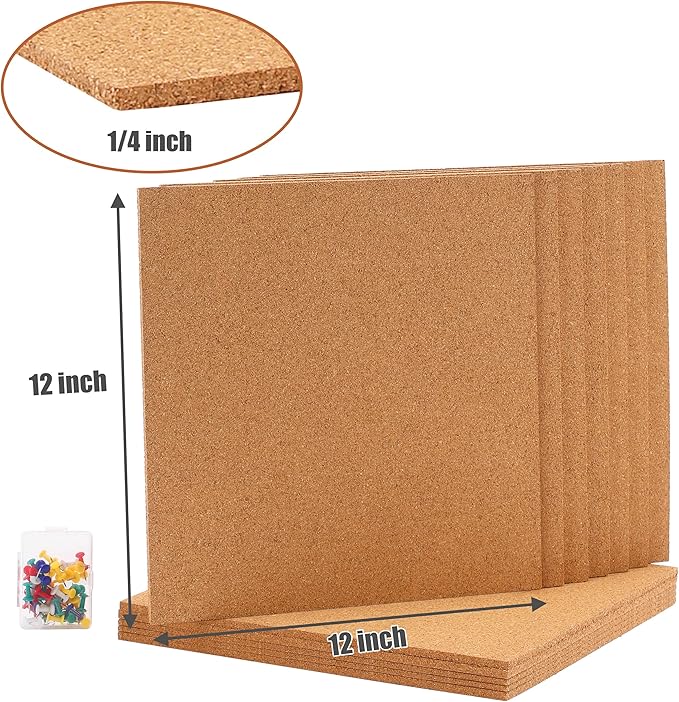 SUNGIFT Cork Board 12"x12" -12 Pack Bulletin Boards 1/4" Thick Square Decorative Cork Tiles with 100 PCS Push Pins Double-Sided Adhesive Corkboards Tiles for Wall Office