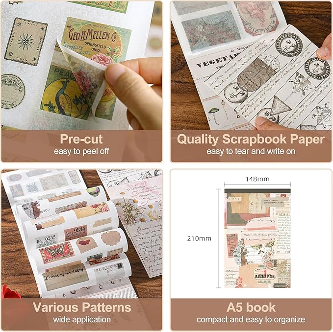 Vintage Journal Stickers - Aesthetic Sticker Book for Journaling & Scrapbooking - 50 Sheets with 30 Stickers & 20 Papers for Bullet Journals
