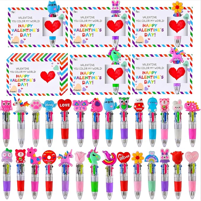 30 Set Mini Multicolor Pens in One 4-in-1, Cute Valentine Pens with 30 Valentines Day Cards for Valentines Day Classroom Gifts, Office Colleagues Greeting Exchange Gift School Party Favors