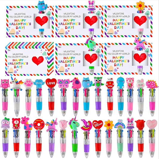 30 Set Mini Multicolor Pens in One 4-in-1, Cute Valentine Pens with 30 Valentines Day Cards for Valentines Day Classroom Gifts, Office Colleagues Greeting Exchange Gift School Party Favors