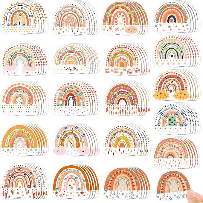 Crtiin 100 Pack Sensory Strips Anxiety Mindfulness Breath Calm Stickers Adhesive Texture Rough Tactile Fidget Tape for Mental Health Relief Anti Stress Stickers(Boho)