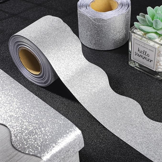 131Ft Silver Glitter Bulletin Board Borders Silver Scalloped Bulletin Board Trims Shiny Decorative Border Trims Sparkle Self-Adhesive Border Stickers for Classroom School Home Office Blackboard Desk