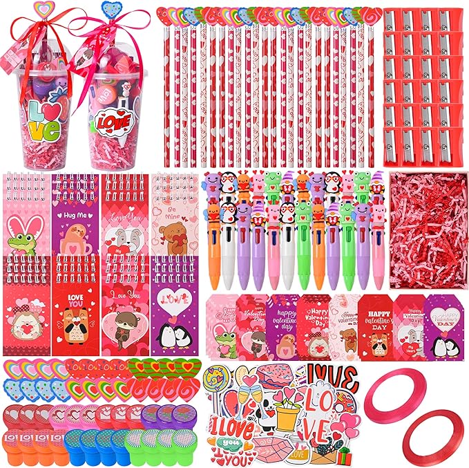 LiYiQ 247 Pcs Valentine's Gifts for Classroom Valentine's Day Return Gifts, Stationery Gifts from Teacher, Pencil Erasers Notebooks Stickers Stamps Goodie Bags Rewards Prizes