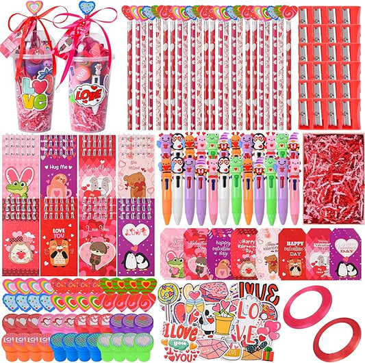 LiYiQ 247 Pcs Valentine's Gifts for Classroom Valentine's Day Return Gifts, Stationery Gifts from Teacher, Pencil Erasers Notebooks Stickers Stamps Goodie Bags Rewards Prizes