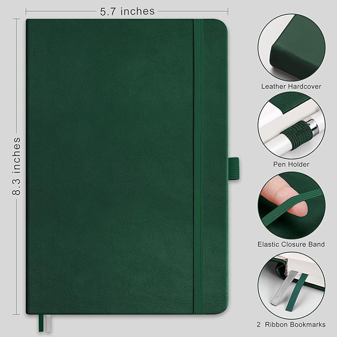 RETTACY Dotted Journal Notebook, 192 Pages, A5 Medium Size (5.7'' x 8.3''), Leather Hardcover, 100 GSM Thick Paper, for Bullet Journaling, Planning, Tracking (Dark Green)