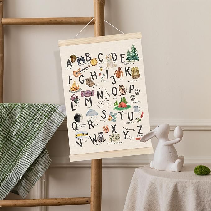 Koesus Camping Alphabet Nursery Wall Art Poster Hanger Frame 12x16 Inch, Camper RV Decor, ABC Educational Learning Canvas Pictures Prints Framed Wall Decor for Kids Room Nursery Preschool Classroom