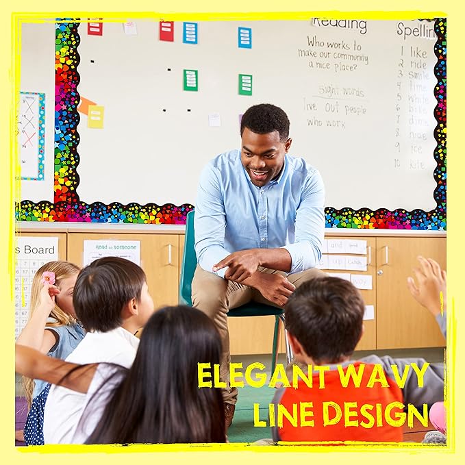 60 Feet Bulletin Board Borders, Self Adhesive Scalloped Confetti Rolled Border Trim Decoration with Strong & Permanent Adhesive for School, Classroom Offices Wall, Desks, Windows, Doors