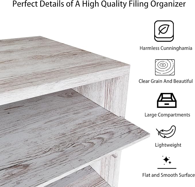 Mail Sorter Organizer, Letter Size Wood Desktop File Organizer, Sturdy Paper Storage Office Supplies with Adjustable Shevles for Office，5 Compartments Whitewashed