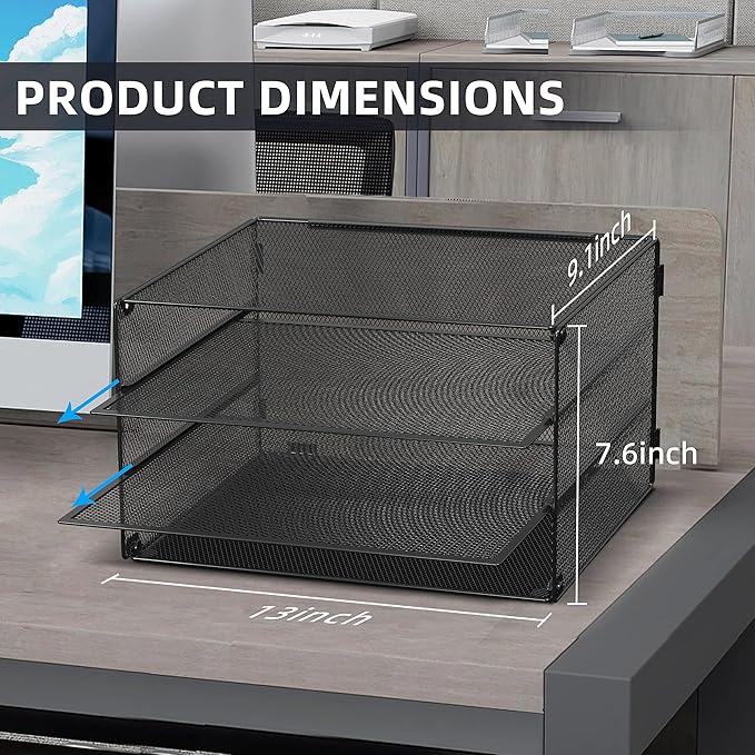 DALTACK 3 Tier Letter Tray Paper Organizer Mesh Metal Desk File Organizer for Home & Office, Black