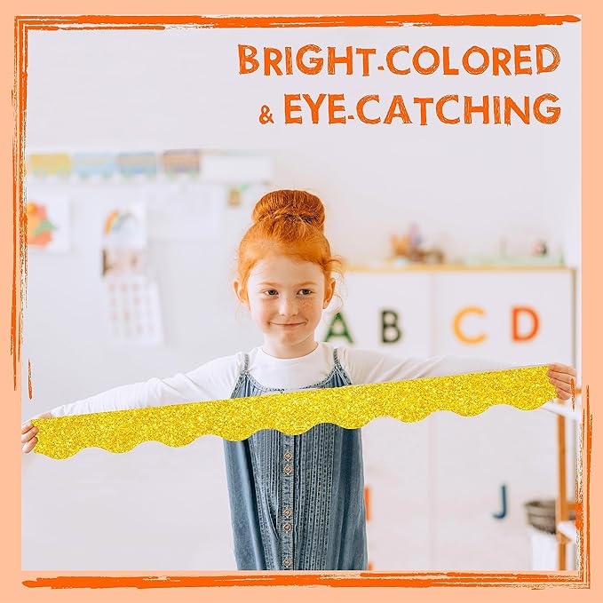 60 Feet Bulletin Board Borders, Golden Glitter Rolled Border Trim Scalloped Board Border with Wavy Line Design Decoration for School, Classroom & Office
