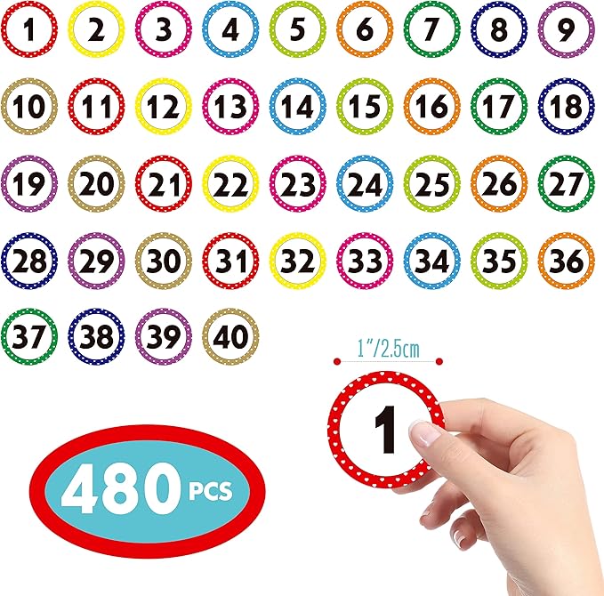 480 PCS Number Stickers, 12 Sheets Polka Dot Consecutive Number 1-40 Labels Self-Adhesive Water/Tear Resistant Number Stickers Without Residue for Office, Classroom, Indoor, Boxes, Storage (1” Each)