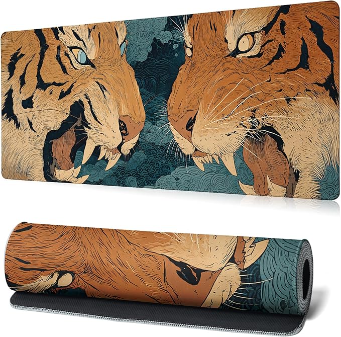 Tiger Gaming Mouse Pad Abstract Yellow Mouse Pad 31.5x11.8 Inch Fierce Claws and Teeth Non-Slip Rubber Base Large Mousepad Stitched Edges Keyboard Mouse Mat Desk Pad for Office and Home
