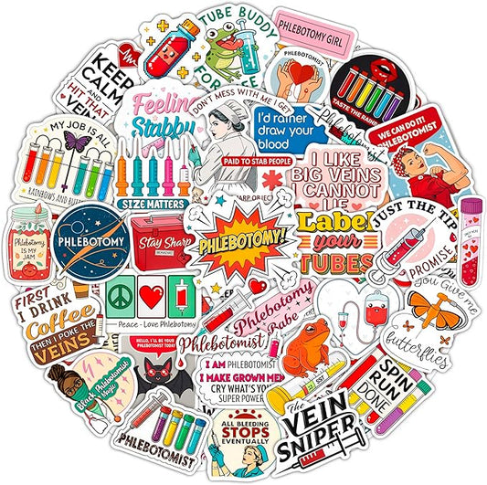 100Pcs Phlebotomy Stickers for Water Bottle, Laptop - Funny Phlebotomy Gifts for Phlebotomist - Phlebotomist Party Supplies & Decorations for Lab Week - Gift for Women & Men