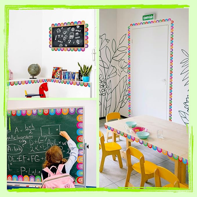 60 Feet Bulletin Board Borders, Colorful Rainbow Die-Cut Rolled Border Trim Decoration Borders for School, Classroom, Offices Walls, Desks, Windows, Doors, Lockers