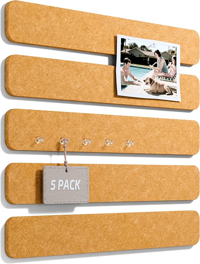 Fluxynara Cork Board Alternative Felt Strip Board 5-Pack 13"x2", Office Pin Board with 35 Push Pins, Adhesive Install for Bedroom Door & Home Office(Sunset Yellow)