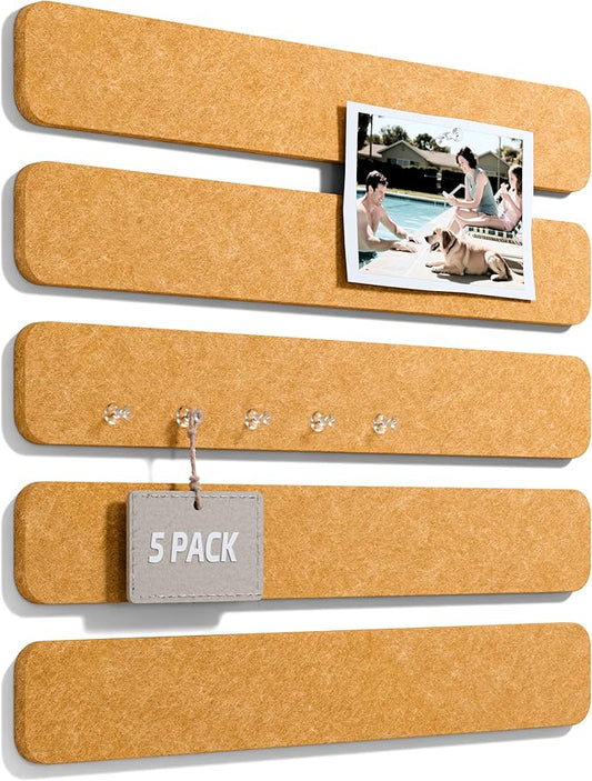 Fluxynara Cork Board Alternative Felt Strip Board 5-Pack 13"x2", Office Pin Board with 35 Push Pins, Adhesive Install for Bedroom Door & Home Office(Sunset Yellow)