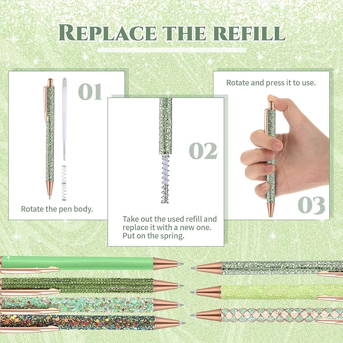 Sherr 7 Pcs Fancy Pens for Women Cute Sparkly Glitter Pens with 10 Pcs Black Ink Refills Pretty Gifts for Girls Office School Christmas Graduation(Fresh)