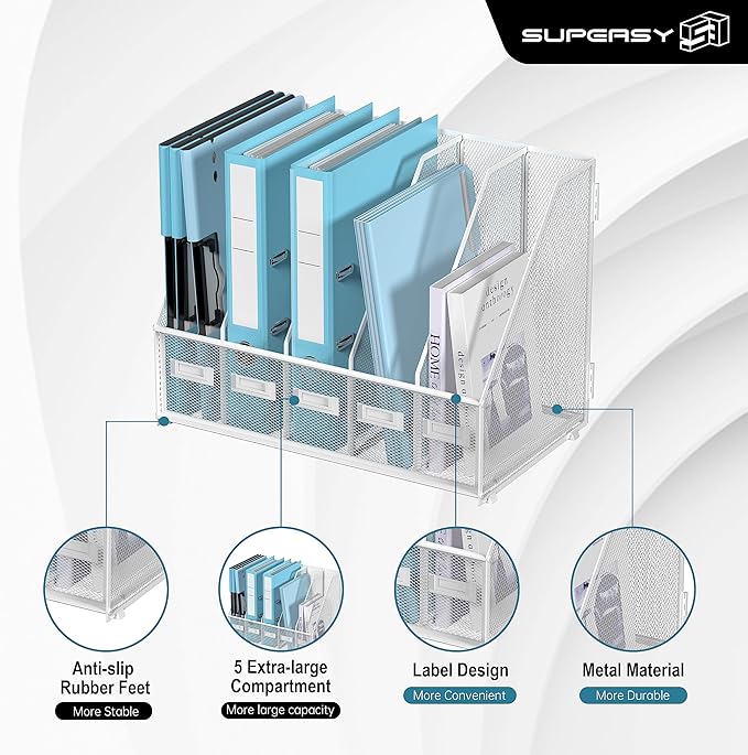 SUPEASY Desk Organizers Metal Desk Magazine File Holder with 5 Vertical Compartments Rack File Organizer for Office Desktop, Home Workspace, White Plus
