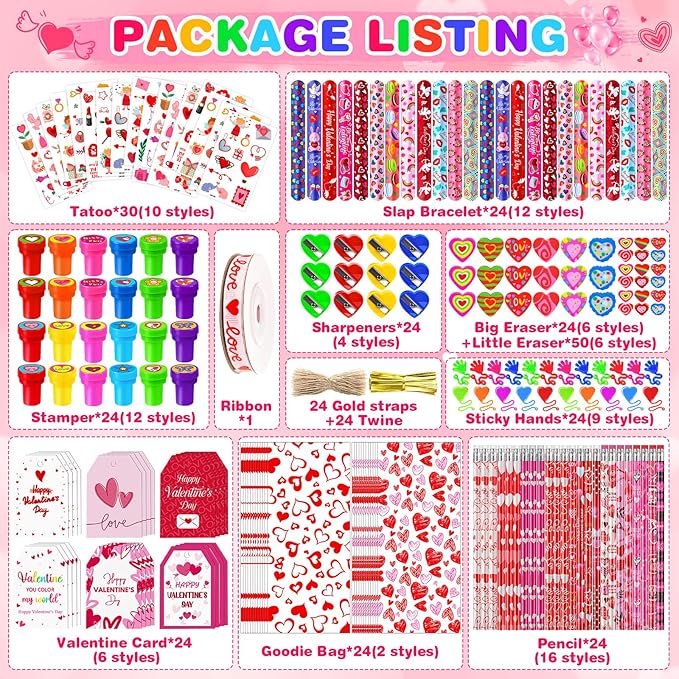 CZWZ 272Pcs Giant Lollipop Valentine Classroom Gifts, 24 Set Giant Lollipop with Pencils, Stickers, Erasers for Classroom School Exchange Valentine Party Favors Supplies