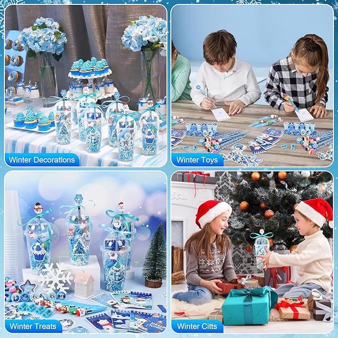 LiYiQ 247 Pcs Winter Party Favors Return Gifts for Party, Student Stationery Gifts from Teacher, Pencil Erasers Notebooks Stickers for Classroom Birthday Goodie Bags Rewards Prizes