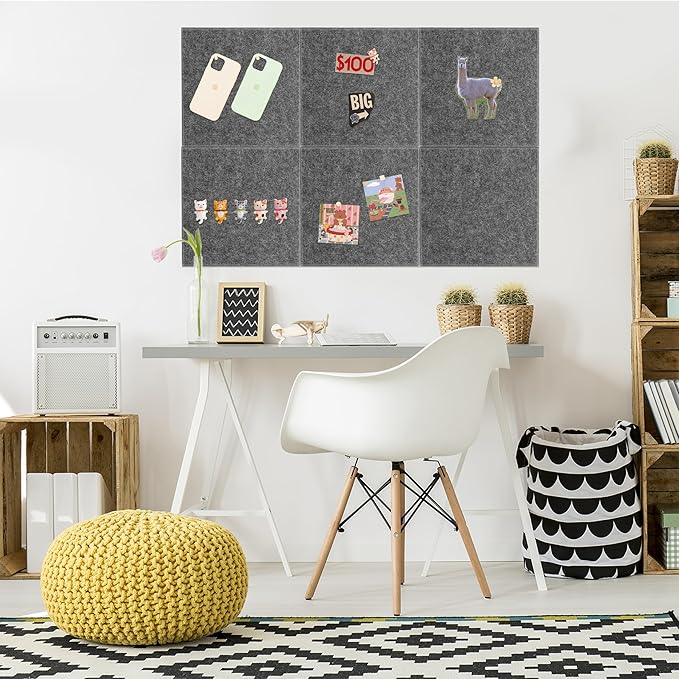 Cork Board for Walls 36" x 24", 6 Pack Felt Bulletin Board Wall Tiles with 30 Push Pins for Home Kitchen School Office Wall DIY Decorative