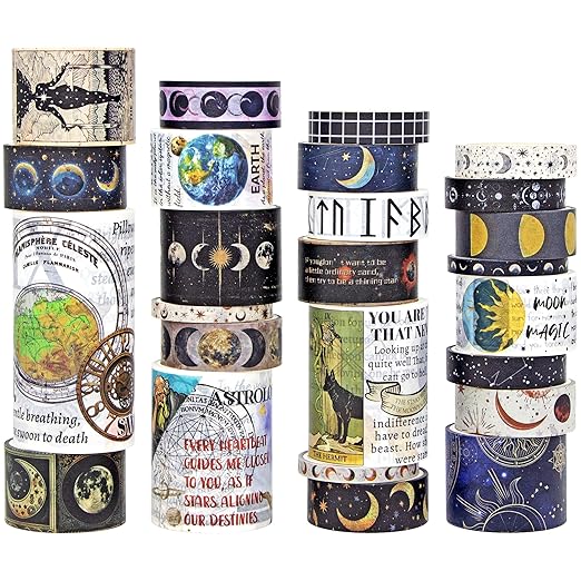 Vintage Tarot & Celestial Washi Tape Set - 25 Rolls Astrology Style Decorative Tapes for Journaling, Scrapbooking,Junk Journal, DIY Craft，Bullet Journaling , Celestial Stickers with Beautiful Gift Box