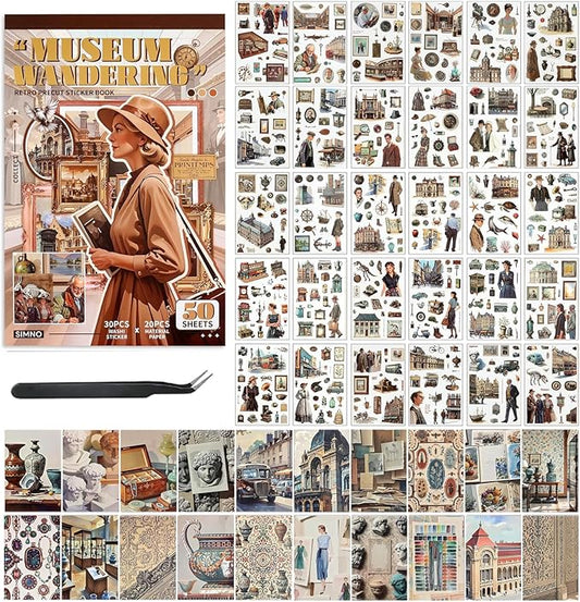 Vintage washi Stickers, Pre-Cut Ephemera Sticker Book for Journaling with 500 Scrapbook Stickers and 20 Scrapbook Papers, Aesthetic Junk Journal Supplies for Adults DIY Art Paper Crafts Collage