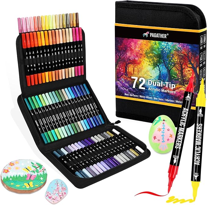 72 Colors Acrylic Paint Markers, Dual Tip with Fine Tip and Brush Tip Pens for Stone, Wood, Calligraphy, Canvas, Ceramic, Metal, Glass, Rock Painting, DIY Crafts Art Supplies Kit