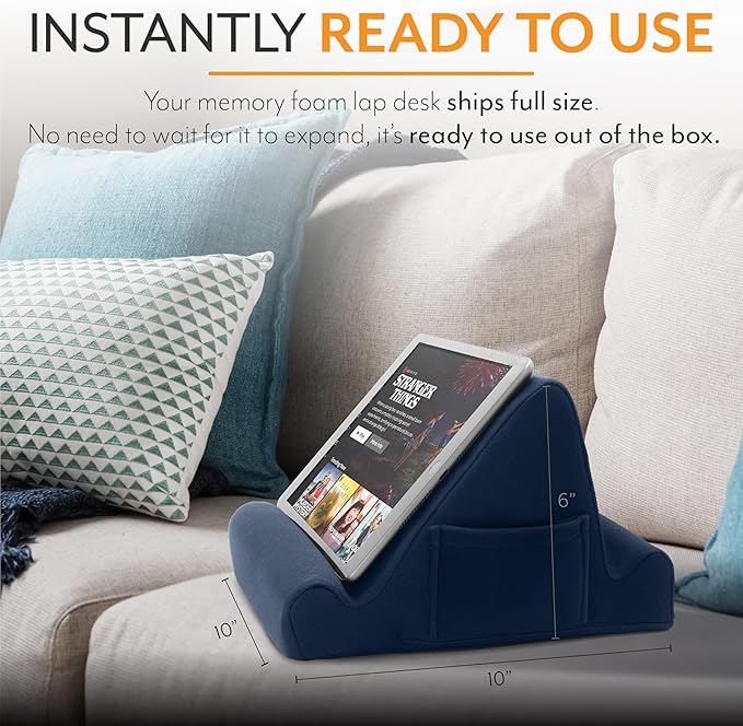 Brookstone Tablet Lap Cushion - Tablet and Phone Holder for Bed, Flights, and Travel, Two Angled Memory Foam Lap Desk for Reading and Hands Free Viewing, Compatible iPad and Kindle Accessories, Blue
