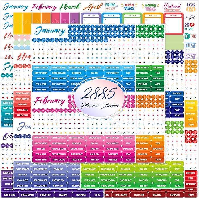 2885 Planner Stickers, Color Coordinating Monthly Functional Stickers Daily Calendar Stickers Aesthetic Note to Do Blank Stickers for Scrapbooks, Planner, Budget, Work, DIY Activity, Diary, Journal