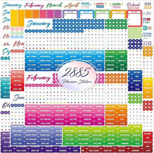 2885 Planner Stickers, Color Coordinating Monthly Functional Stickers Daily Calendar Stickers Aesthetic Note to Do Blank Stickers for Scrapbooks, Planner, Budget, Work, DIY Activity, Diary, Journal