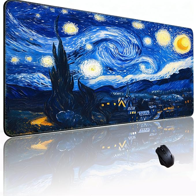 Van Gogh cat Starry Night Mouse Pad, Large Gaming Mouse Mat (31.5x11.8in), Micro-Woven Cloth Surface, Non-Slip Rubber Base, Machine Washable, for Office & Home
