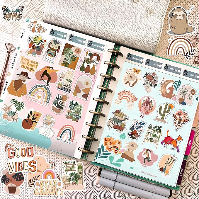 300 PCS Aesthetic Boho Stickers, Cute Vinyl Waterproof Stickers for Water Bottles Laptop Phone Journaling Scrapbook Junk Journal, Scrapbooking Supplies Kit, Sticker Packs for Adults Teens